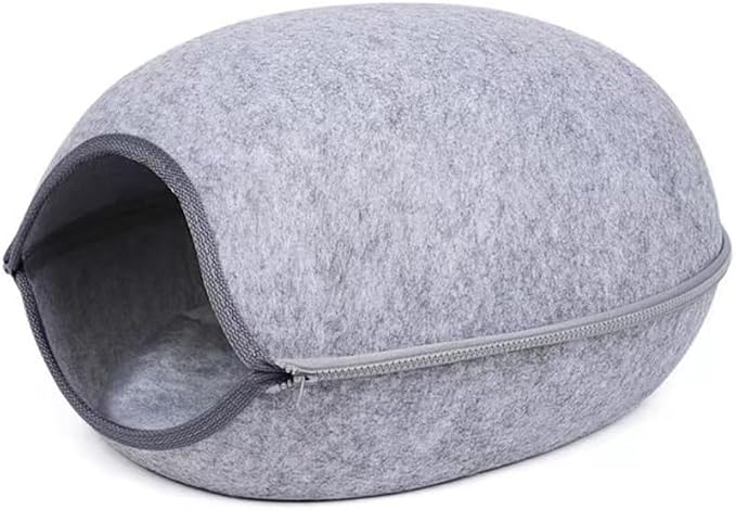 Felt Cat Cave Bed with Removable Cover, Cozy Pet Shelter for Indoor Cats, Zippered Washable Cat House with Roomy Interior (Light Gray, for Cats Under 15 lbs, Round Dome Cat Bed) | Zippered Washable Cat House with Roomy Interior, Warm Kitty Hideaway for... by YolieraArt