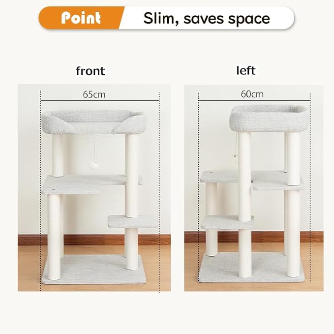 Cat Tree Tower Wooden 37.4''(95 cm), Large Cat Tree with Jump Platform & Play Ball for Indoor Cats, Ideal Cat's Climbing Frame & Playhouse (Linen Fabric Light Grey) - Image 2