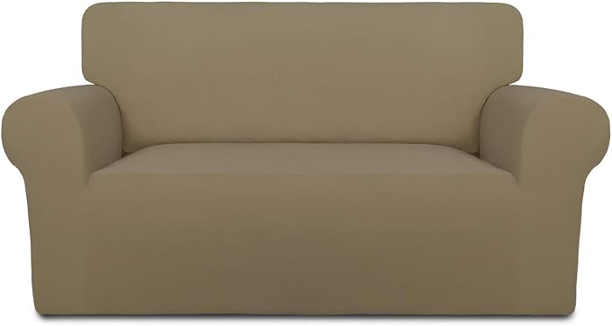 PureFit Stretch Loveseat Covers Fleece Couch Covers for Sofa Tan | 1-Piece Sofa Slipcover Soft Couch Protector, Sofa Cover Washable with Non Skid Foam and Elastic Bottom for Kids, Dogs by PureFit