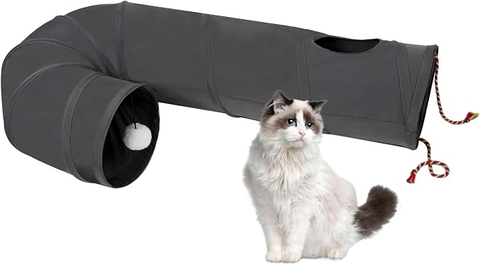 Cat Tunnel, 2-Way Collapsible Cat Tube with Interactive Peek-A-Boo Hole, Toy Ball, and Rope – Ideal for Indoor Cats, Kittens, and Rabbits (Dark Gray) by Thanksforyourfollow