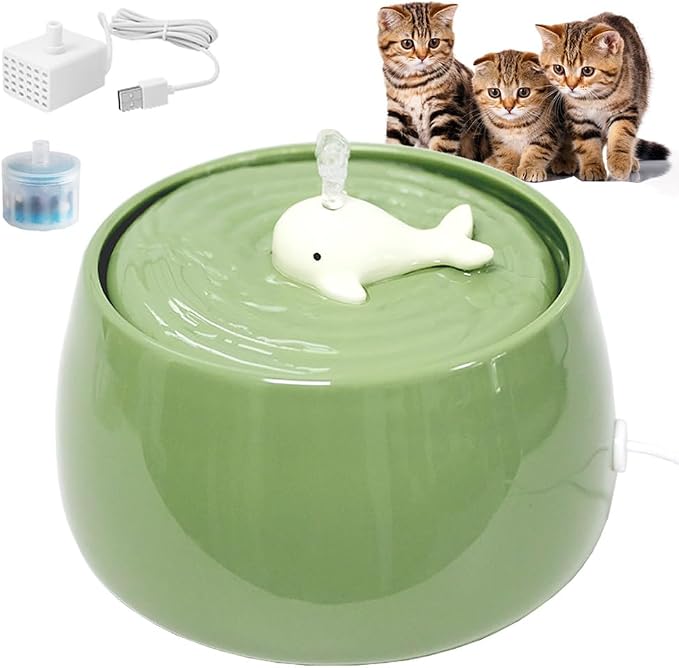 Ceramic Cat Water Fountain, 45oz/1.3L Green Pet Water Dispenser | Automatic Pet Water Bowl, Ultra Quiet Cat Water Fountain with Activated Carbon Filter, Perfect for Cats and Small Dog by HMRCYTE
