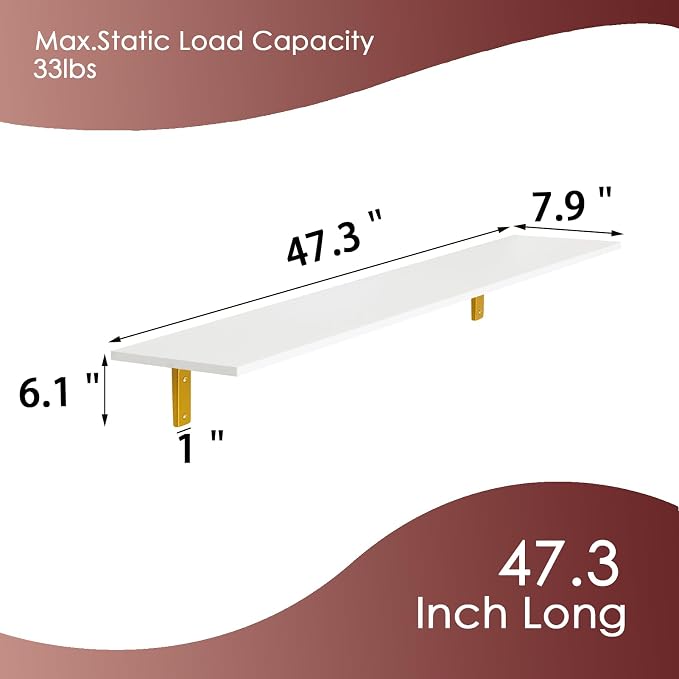 Long Wall Shelves, 47.3Inch Wooden Wall Mounted Shelves, Set of 4 | Large Floating Book Shelf, Metal Brackets, Easy Assembly, Max Load 33lbs, Wall Storage Ledges, Bedroom/Bathroom, White & Gold - Image 3