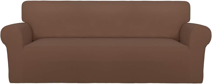PureFit Stretch Oversized Couch Covers Fleece Sofa Slipcovers Brown | 1-Piece Sofa Cover Washable Soft Couch Protector, Couch Slipcover with Non Skid Foam and Elastic Bottom for Kids, Dogs by PureFit
