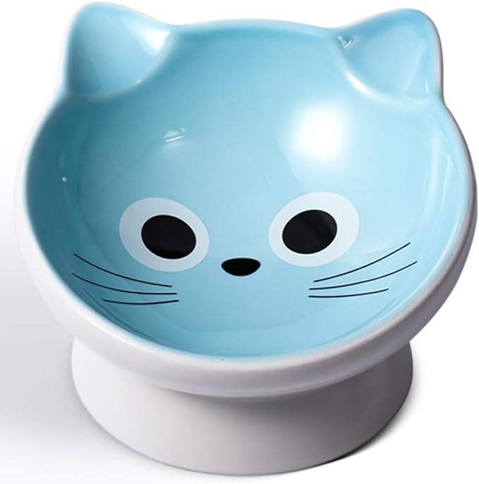 Raised Ceramic Cat Food Bowl - 15 Tilted, Spine Protection, Anti-Vomiting, Backflow Prevention for Adult Cats, Kittens, and Small Dogs (Blue Face) by AISBUGUR