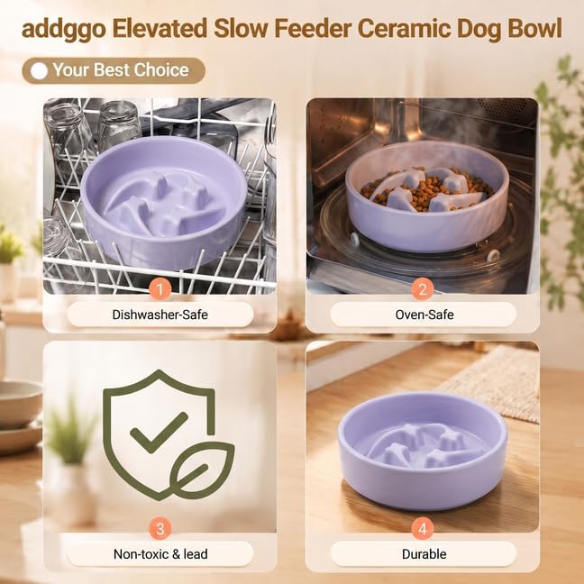 Elevated Ceramic Slow Feeder Dog Bowls Anti-Choking Slow Feeding for Small&Medium Size Anti-Slip Non-Lead & Toxic Durable Easy to Clean Maze Slow Feeder Bowl（8.26in Light Purple Stars Pattern） - Image 5