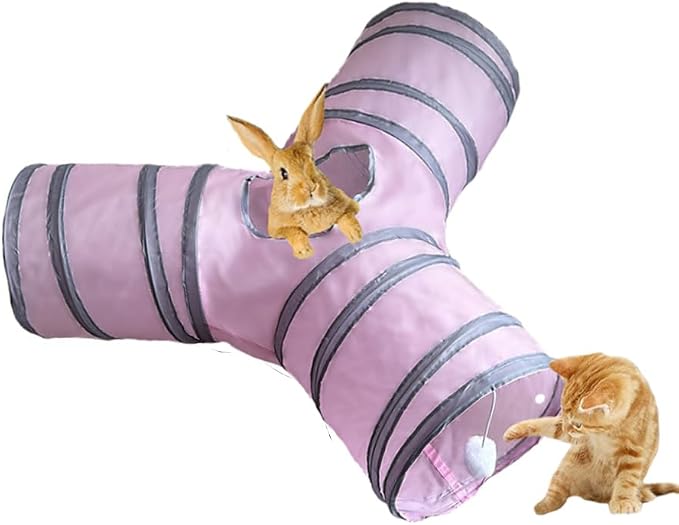 3-Way Collapsible Cat Tunnel Tube Toy Pink — Interactive Play Tunnel with Hanging Ball & Peek Hole for Indoor Cats, Kittens, Puppies & Rabbits | Hours of Fun & Exercise - Image 4
