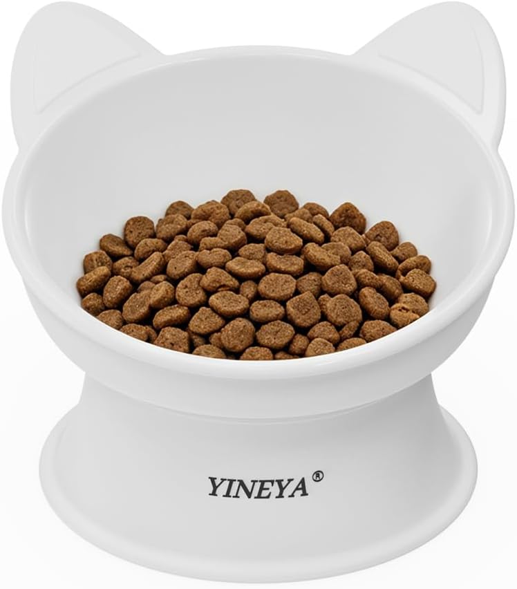 YINEYA Cat Bowls, Cat Food Bowl Elevated to Protect Neck & Anti-Vomit, Whisker-Friendly Raised Food & Water Bowls for Indoor Cats/Small Dogs, Cute Pet Feeding Bowl 6 OZ Each, Dishwasher Safe, White by YINEYA
