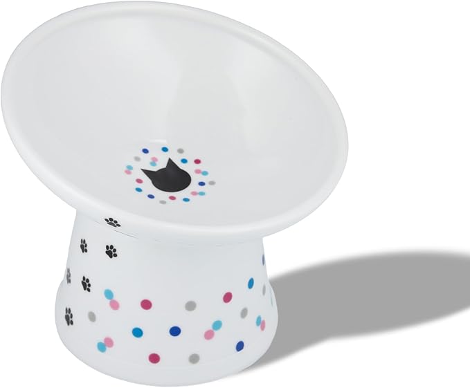 Necoichi Ceramic Elevated Food Bowl, 15° (Colorful Dots, Extra Wide Tilted) by NECOICHI