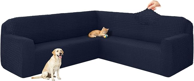 ALIECOM Corner Sectional Couch Covers Washable Sofa Cover L Shaped Couch Cover for Dogs Pets Stretch Soft Sectional Slipcovers with Non Slip Strips U Shape Furniture Protector (Bubble-Navy, Large) by ALIECOM