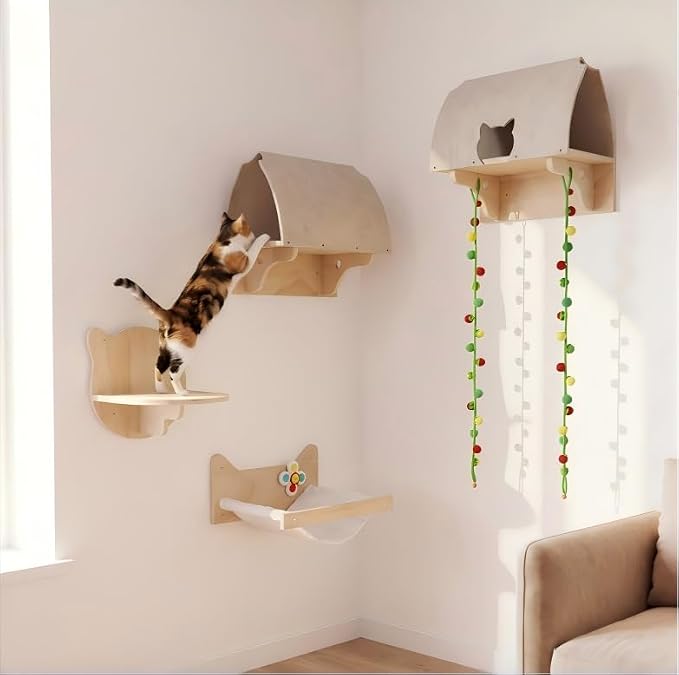 Cat Wall Shelves, Modern Wooden Cat Furniture with Cat Tunnel Platform, Interactive Cat Climbing System & Floating Perch for Indoor Cats - Image 2