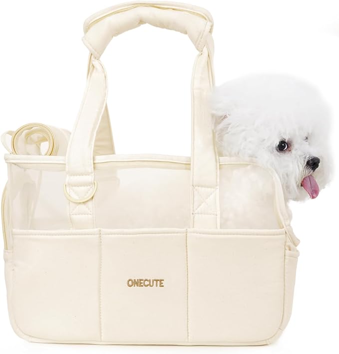 ONECUTE Dog Purse Carrier for Small Dogs Rabbit cat with Large Pockets, Cotton Bag, Dog Carrier Soft Sided, Collapsible Travel Puppy Carrier (Beige Breathable, 17.0" L x 7.5" W x 12.0" H) by ONECUTE