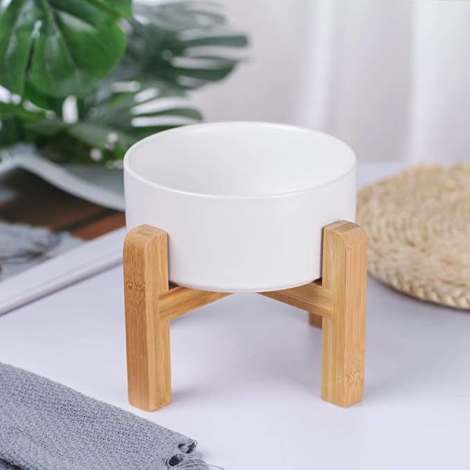 Ceramic Elevated Dog Bowl with Bamboo Stand, for Small & Medium Dog, White - Image 2