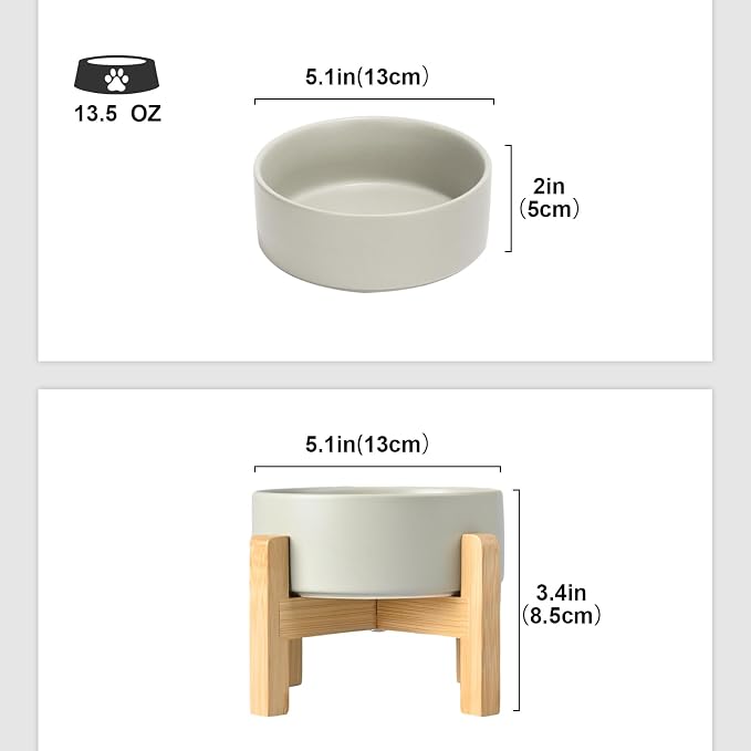 SPUNKYJUNKY Ceramic Elevated Dog Bowls 2 Pack - 5.1inch Raised Dog Bowls with Non-Slip Wooden Stand for Small Dogs Dishwasher Safe(Grey,13.5OZ*2) - Image 2