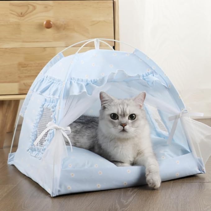 Selena Cat Bed Tents Dog House Indoor Outdoor Lace Mesh Breathable Windows Door Curtains Removable Portable Nest Teepe House (Large,Blue) by Unknown