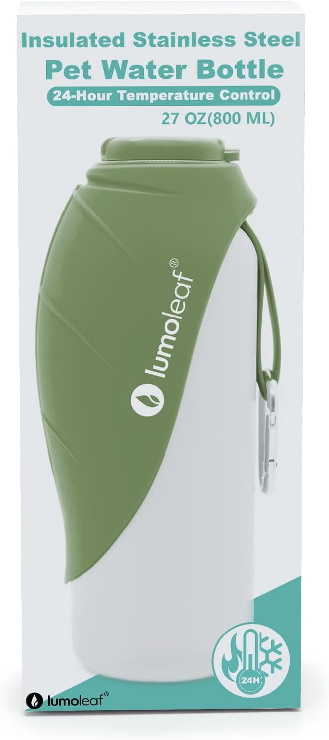 LumoLeaf Insulated Dog Water Bottle 27 oz Stainless Steel - Keep Water Cool or Warm, Portable Pet Water Bowl for Travel, Wide Mouth for Easy Ice Filling & Cleaning (Green, 27 oz) - Image 2