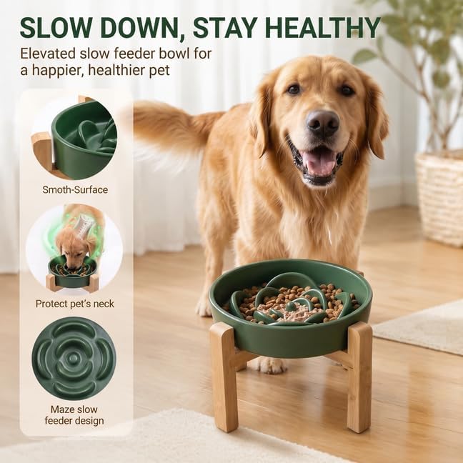 Elevated Ceramic Slow Feeder Dog Bowls Anti-Choking Slow Feeding for Medium& Large Anti-Slip Non-Lead & Toxic Durable Easy to Clean Maze Slow Feeder Bowl（8.66in Olive Green Flower Pattern） - Image 2