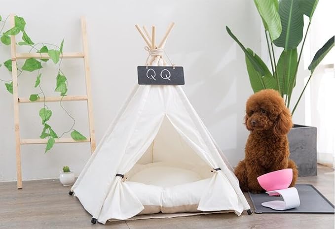 Dog Teepee Bed Cat Tent Portable Houses Pet Puppy with Thick Cushion (L:Size fits 15kg/33lbs (Pets)) | (White, L:Size fits 15kg/33lbs (Pets)) - Image 5