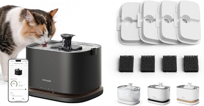 Bundle of PETLIBRO Cat Water Fountain Stainless Steel Tray, Cordless Cat Fountain Battery Operated, 3L/101oz Pet Water Fountain App Monitoring + PETLIBRO 4 Packs Replacement Filters by Unknown
