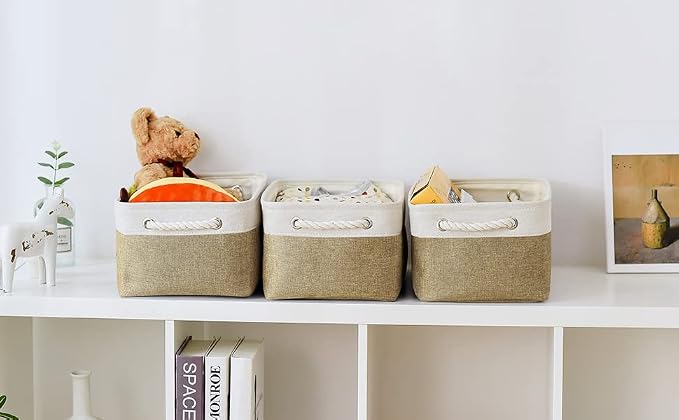 TheWarmHome Storage Basket for Organizing - 14x10x7 inch Medium 3 Pack Collapsible Storage Bin for Shelves with Handles, Canves Storage Box for Organizer Cubes Cloth Gift Toy Closet (White & Khaki) - Image 4