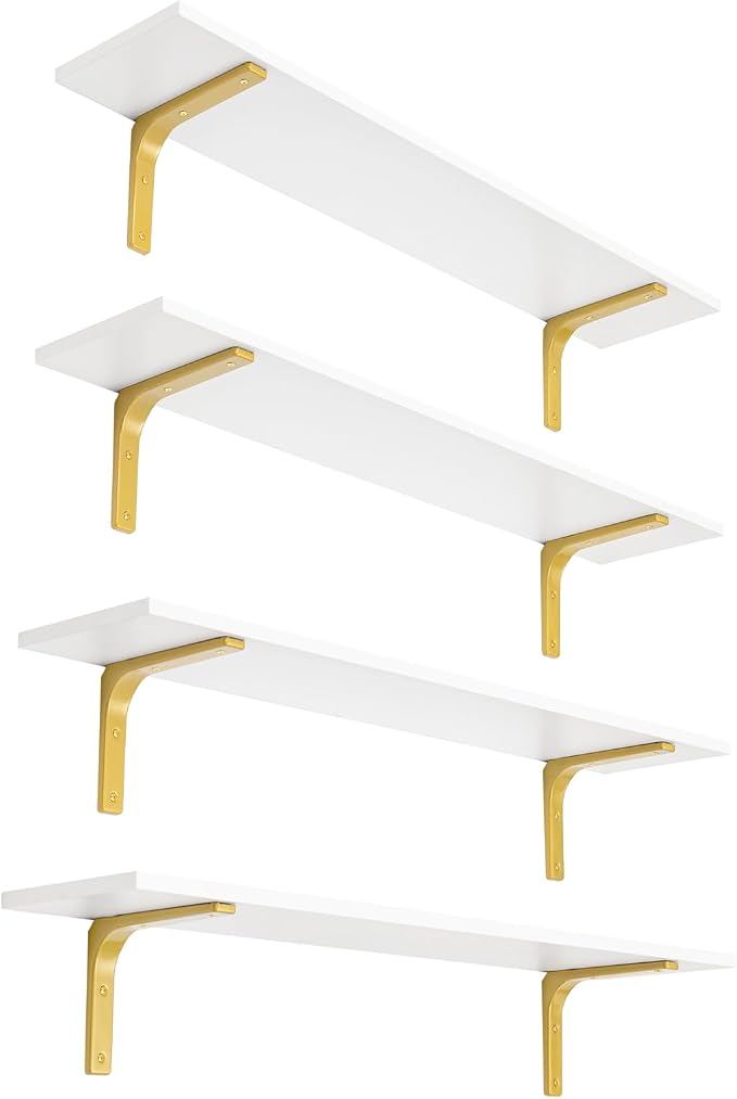 Long Wall Shelves, 31.5Inch Wooden Wall Mounted Shelves, Set of 4 | Large Floating Book Shelf, Metal Brackets, Easy Assembly, Max Load 22lbs, Wall Storage Ledges, Bedroom/Bathroom, White & Gold by DINZILVJ