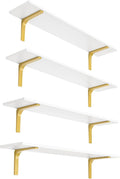 Long Wall Shelves, 31.5Inch Wooden Wall Mounted Shelves, Set of 4 | Large Floating Book Shelf, Metal Brackets, Easy Assembly, Max Load 22lbs, Wall Storage Ledges, Bedroom/Bathroom, White & Gold by DINZILVJ