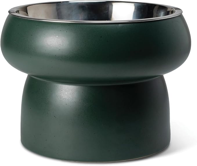 Fringe Studio Matte Speckled Green Medium Raised Stoneware Feeder W/Stainless Steel Insert (7" Diameter x 5.5" H, 26 fl.oz.), PetShop Collection (453MD001) by FringeStudio