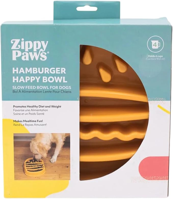 ZippyPaws Happy Bowl - Slow Feeder Dog & Puppy Bowl, Interactive Puzzle Feeder for Small, Medium, & Large Dogs, Up to 10x Slower Eating, Non Slip Base, Holds 4 Cups - Hamburger - Image 4