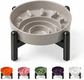 Elevated Slow Feeder Dog Bowl, 0.8 Cups Ceramic Raised Slow Feeder with Stainless Stand, 6.3 Inch Wide Lifted Dog Bowl for Small Breeds to Control Eating Speed, Grey by PTOBER