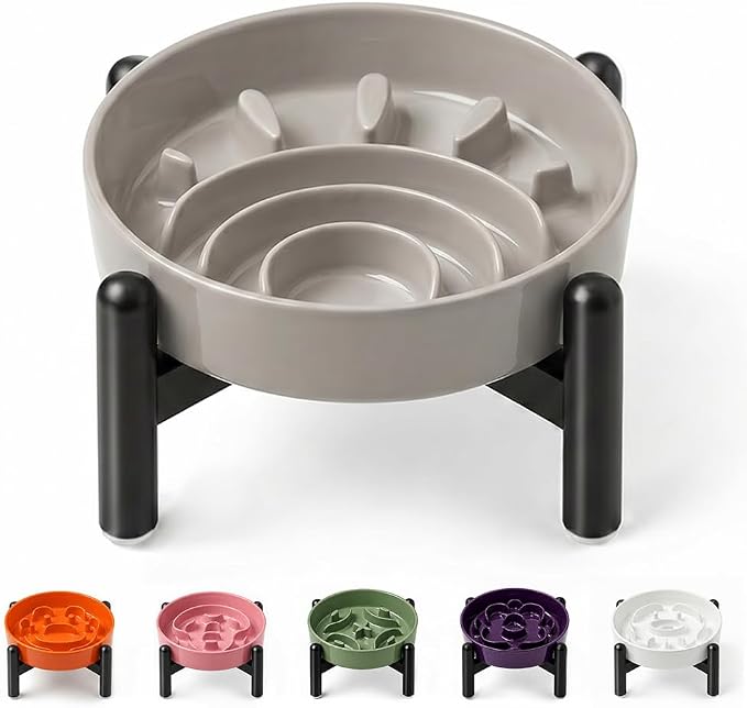 Elevated Slow Feeder Dog Bowl, 0.8 Cups Ceramic Raised Slow Feeder with Stainless Stand, 6.3 Inch Wide Lifted Dog Bowl for Small Breeds to Control Eating Speed, Grey by PTOBER
