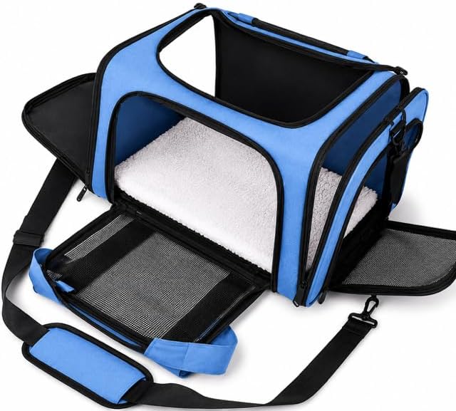 Pet Carrier Soft-Sided for Small Dogs & Cats, Foldable Airline Approved Pet Travel Carrier with Breathable Mesh, Washable Cushion & Shoulder Strap, Portable Puppy Cat Carrier Bag (Blue, 19.7*13*13) - Image 2