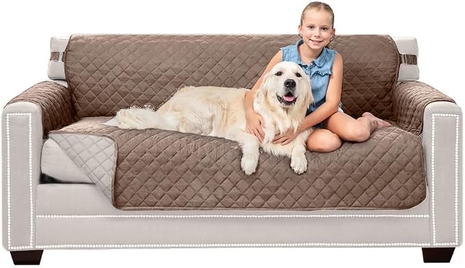 Sofa Shield® Couch Small Sofa Slip Cover for Dogs with Strap, Latte Linen | Reversible Furniture Protector, Stain and Tear Resistant Cushion Cover, Machine Washable Slipcover for Pets, Cats 70 inch by SofaShield