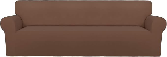 PureFit Stretch Couch Covers for Sofa 4 Seater Slipcovers Brown | 1-Piece Sofa Cover Washable Soft Couch protector, Couch Slipcover with Non Skid Foam and Elastic Bottom for Kids, Dogs by PureFit