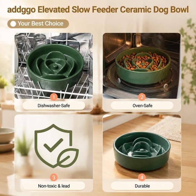 Elevated Ceramic Slow Feeder Dog Bowls Anti-Choking Slow Feeding for Small&Medium Size Anti-Slip Non-Lead & Toxic Durable Easy to Clean Maze Slow Feeder Bowl（8.26in Olive Green Flower Pattern） - Image 5