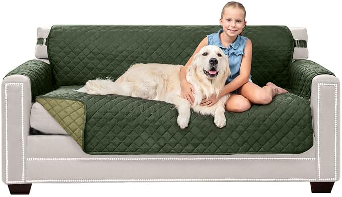 Sofa Shield® Couch Small Sofa Slip Cover with Strap, Hunter Green Sage | Reversible Furniture Protector, Stain and Tear Resistant Cushion Cover, Machine Washable Slipcover for Pets, Cats 70 inch by SofaShield