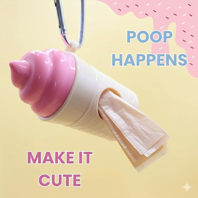 Ice Cream Dog Bag Dispenser | One Clip Doggie Poop Bag Holder | Bags Waste Container for Leash for Small Medium Large All Size Dogs | Cute and Fun Design | 15 Bags Included | Pink Color - Image 2