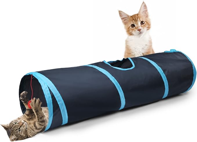 Sheldamy Cat Tunnel, 2-Way Collapsible Play Tunnel, Interactive Toy Maze for Small Animals, Suitable for Kittens, Puppies, Rabbits, Ferrets, Blue & Black by Sheldamy