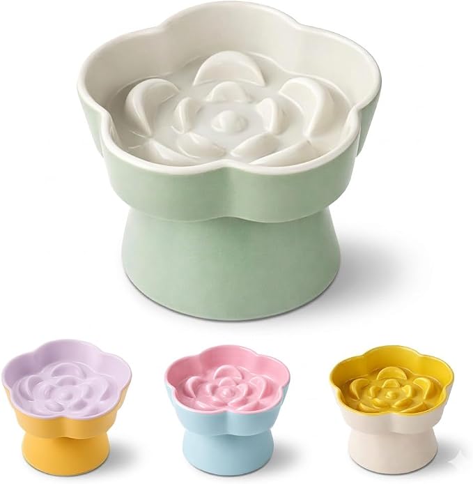 Ceramic Elevated Slow Feeder Cat Bowl, Raised and Gently Tilted Feeding Dish with Maze Design, Whisker-Friendly, Easy to Clean, for Indoor Cats and Small Dogs (Green/Ivory) by Unknown