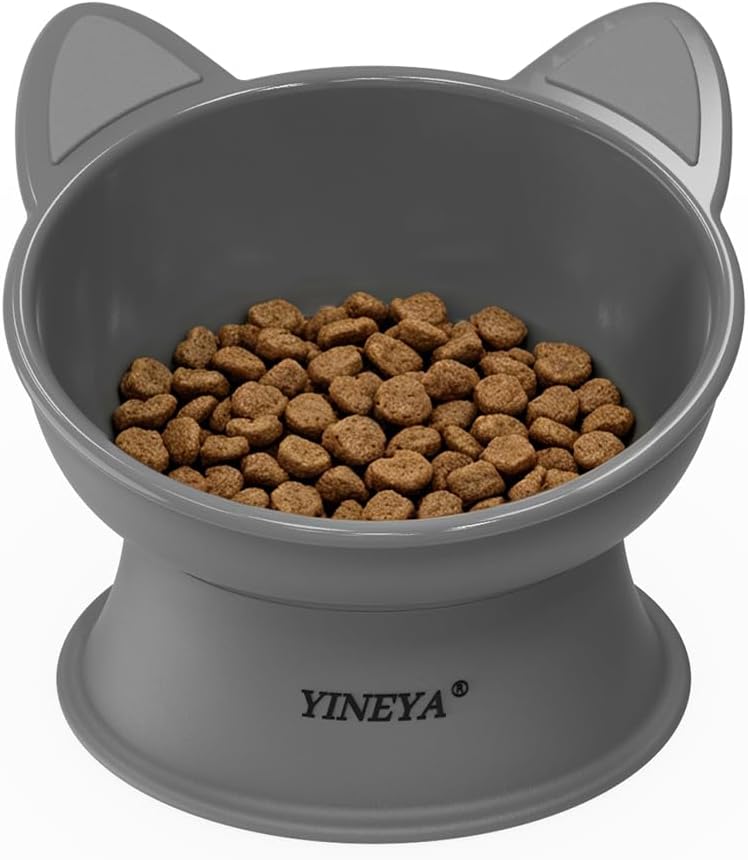 YINEYA Cat Bowls, Cat Food Bowl Elevated to Protect Neck & Anti-Vomit, Whisker-Friendly Raised Food & Water Bowls for Indoor Cats/Small Dogs, Cute Pet Feeding Bowl 6 OZ Each, Dishwasher Safe, Gray by YINEYA