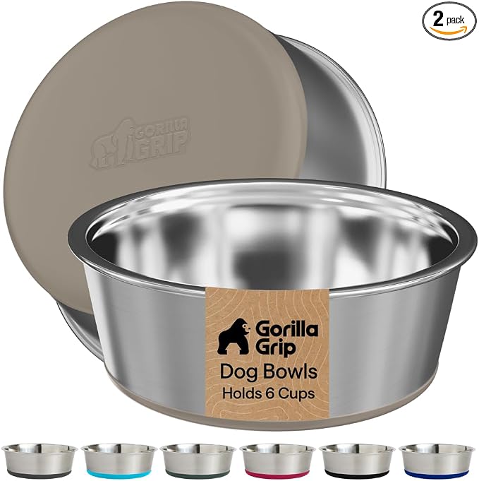 GORILLA GRIP Dog Bowls, Food Grade Stainless Steel, Set of 2, 6 Cup, Beige | 304 Stainless Steel Pet Feeding Bowls Hold 48 fl oz Each, Dishwasher Safe, Rust Resistant, BPA Free Rubber Base by Unknown