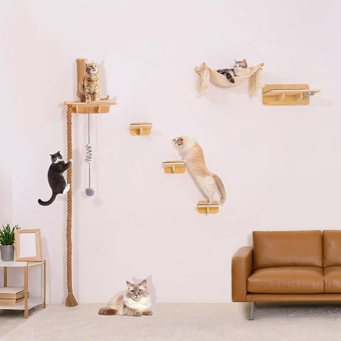 Cat Wall Shelves, Large Wall-Mounted 6-in-1 cat Furniture Set (Climbing Rope+Sisal Scratching Post+Macrame Resting Hammock+Interactive Toys Ball+Feeding Bowls Station+3 Wall Steps) for Indoor Kitties by netsTribe