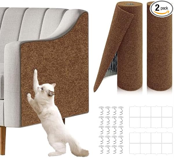 2 Pcs 78.8"x15.8" Cat Scratch Mat, Cat Scratch Couch Furniture Protector, Trimmable Self-Adhesive Cats Scratch Pads, DIY Cat Scratcher for Wall Protector and Covering Cat Tower (Brown) by Unknown