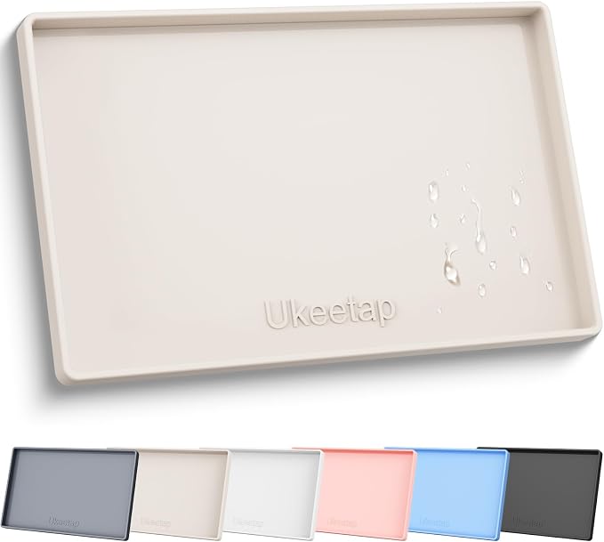 34" x 22" Extra Thick Silicone Mat Waterproof with Raised Edge, Beige | Under Sink Mat for Kitchen & Bathroom, Kitchen Cabinet Liner, Multi-Purpose for Storage & Protection by ukeetap