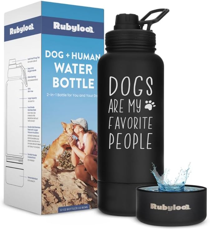 Rubyloo Dog Water Bottle w/Detachable Bowl for Dog Lovers, Favorite People | 32oz Insulated Stainless Steel Bottle, 8oz Detachable Bowl, Leak-Proof Lid, BPA-Free, Hiking, Walking, Travel, Gift by Rubyloo