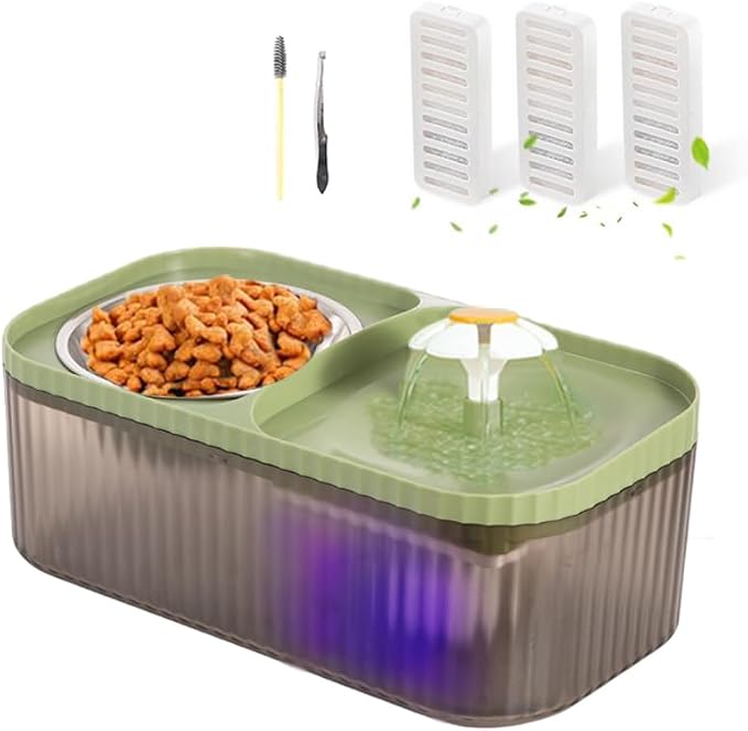 Marchul Cat Water Fountain and Stainless Steel Food Bowl, 100oz/3L Super Quiet Automatic Pet Water Dispenser with Smart Pump and 3 Replacement Filters for Cats and Small Dogs, Green by Marchul