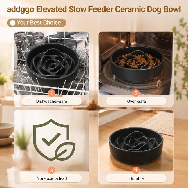 Elevated Ceramic Slow Feeder Dog Bowls Anti-Choking Slow Feeding for Medium& Large Anti-Slip Non-Lead & Toxic Durable Easy to Clean Maze Slow Feeder Bowl（8.66in Black Flower Pattern） - Image 5