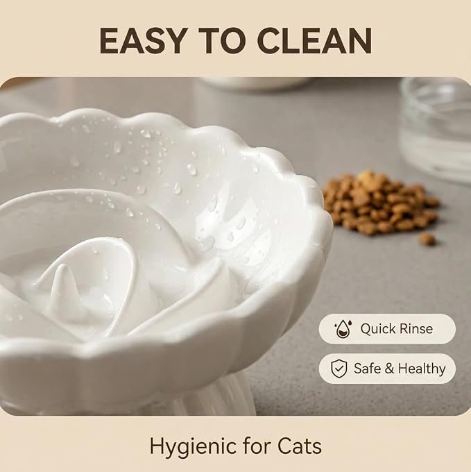 Ceramic Cat Slow Feeder, Raised Slow Feeder Cat Bowl, Anti Vomiting and Whisker Friendly Kitty Dish, Elevated Puppy Kitten Food Bowl for Dry and Wet Food (White) - Image 4