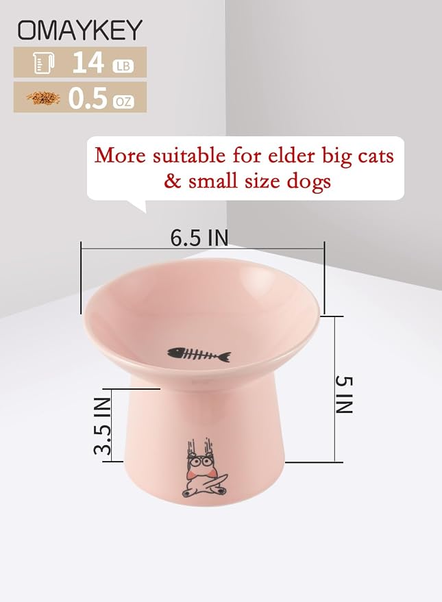 6.5 Inch Extra Wide Ceramic Elevated Cat Bowls, Raised Pet Bowl Set | Whisker Fatigue, for Elder Big Cats Small Dogs, Set of 2, Green & Pink - Image 3