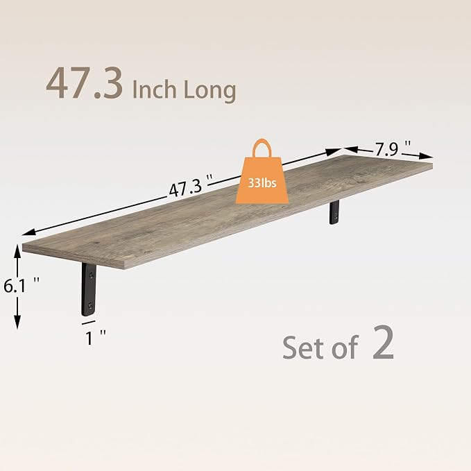 Long Wall Shelves, 47.3Inch Wooden Wall Mounted Shelves, Set of 2 | Large Floating Book Shelf with Metal Bracket, Easy Assembly, Max Load 33lbs, Wall Storage Ledges, Bedroom/Bathroom, Gray Wash - Image 3