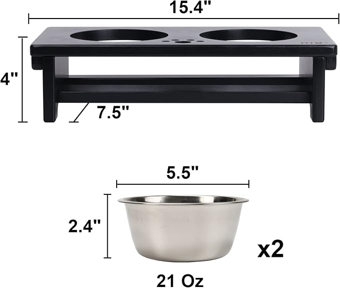 HTB Elevated Dog Bowl Stand with 2 Stainless Steel Bowls-4" H Small Black | Raised Dog Bowl Stand, 4"tall, 21 Oz Bowls, for Small Sized Dogs, Pet-safe, Solid Bamboo - Image 5