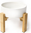 Raised Ceramic Large Dog Bowl - Heavy Weighted Dog Dish with Bamboo Stand - Elevated for Comfortable Feeding - 8.3" W x 8" H - 4.5 Cups (68 fl oz) - White by HCHLQLZ